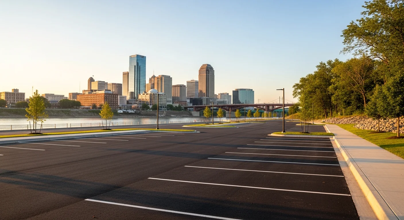 Fort Wayne's downtown skyline with modern buildings and the riverfront.