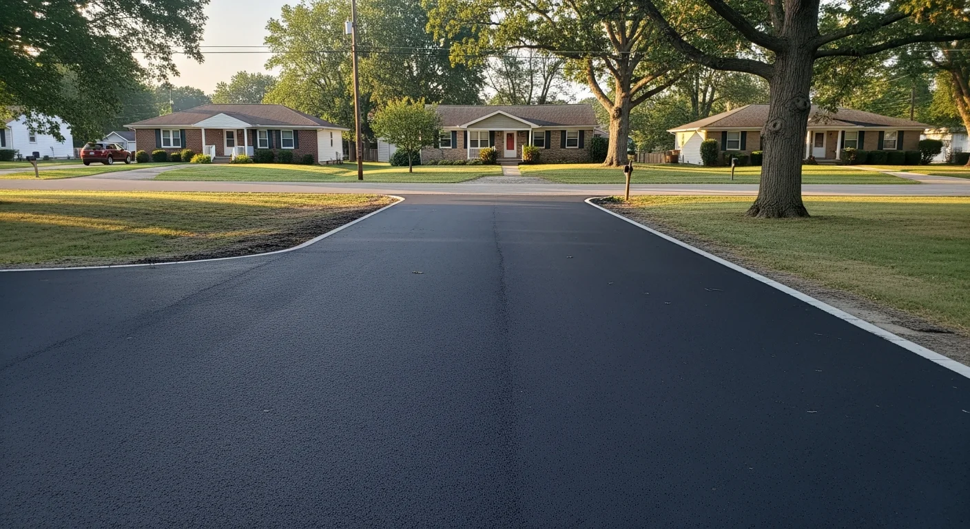 A residential street in Logan's Port with well-maintained homes and tree-lined sidewalks.