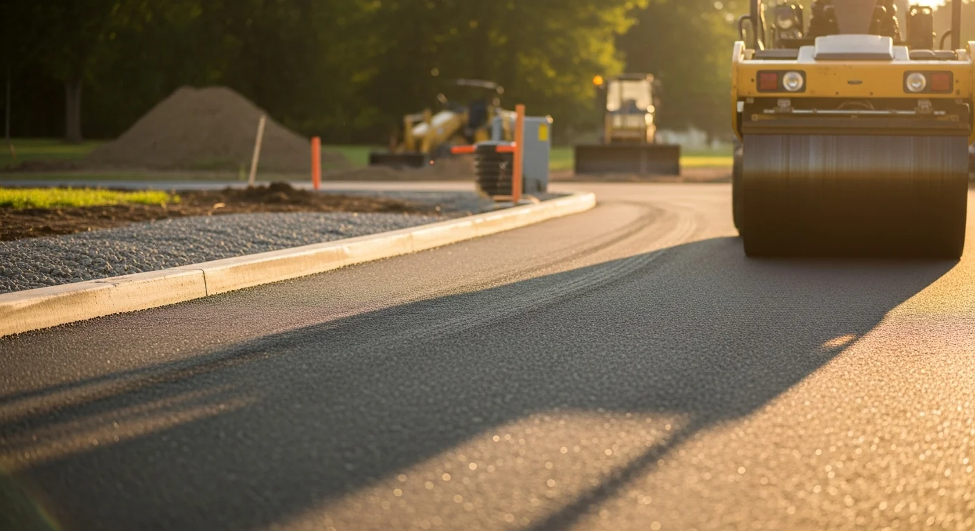Freshly paved black asphalt driveway at a residential property in Logan's Port, with clean edges and a smooth surface leading to a two-car garage. A paving crew and compaction roller are visible in the background completing the job.
