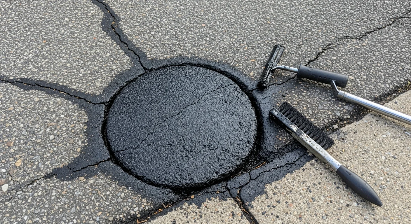 A freshly patched asphalt driveway in Logan's Port showing a smooth, level surface where a pothole and surrounding cracks have been repaired. The repaired section blends with the existing pavement on a residential property.