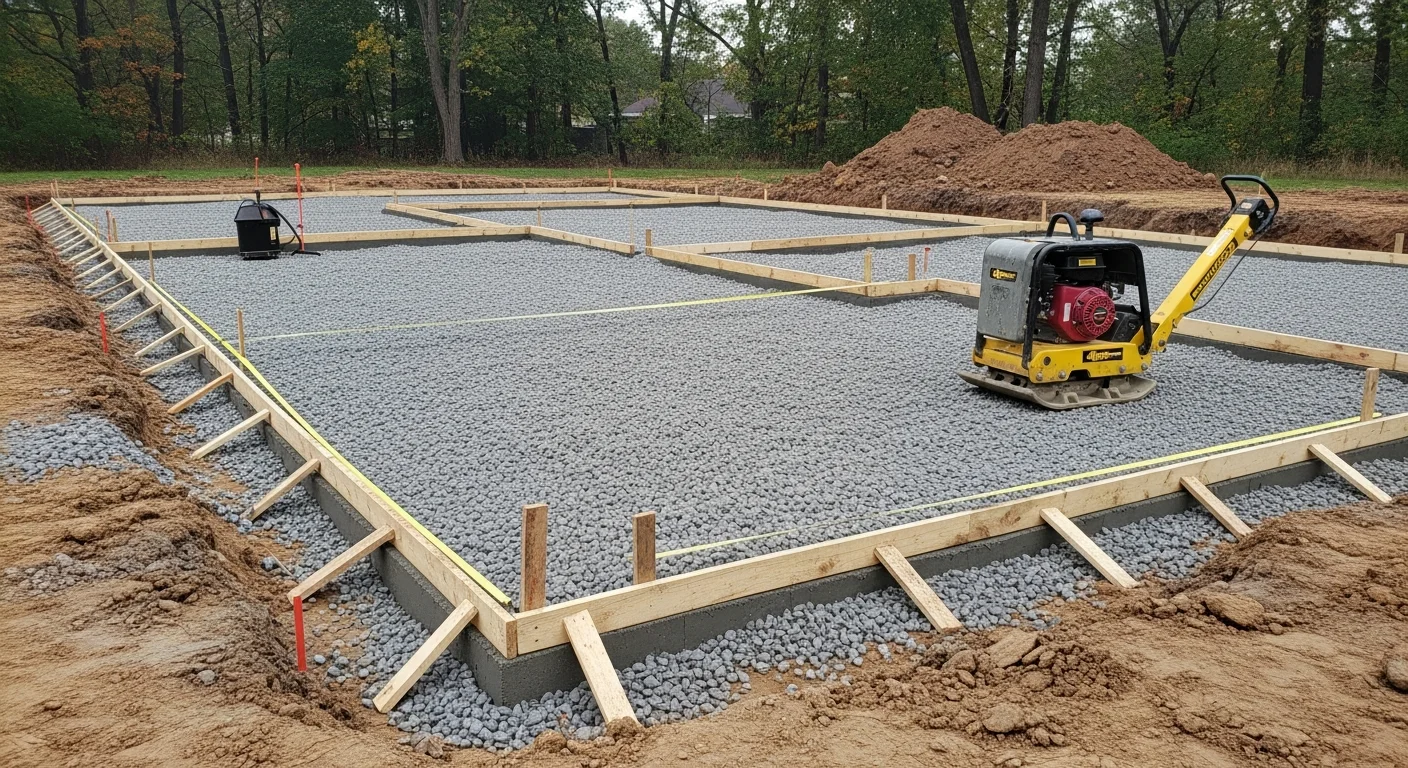 A concrete contractor operating a plate compactor over a layered gravel sub-base at a residential job site in Logan's Port. The excavated area is graded and level, ready for concrete forming.