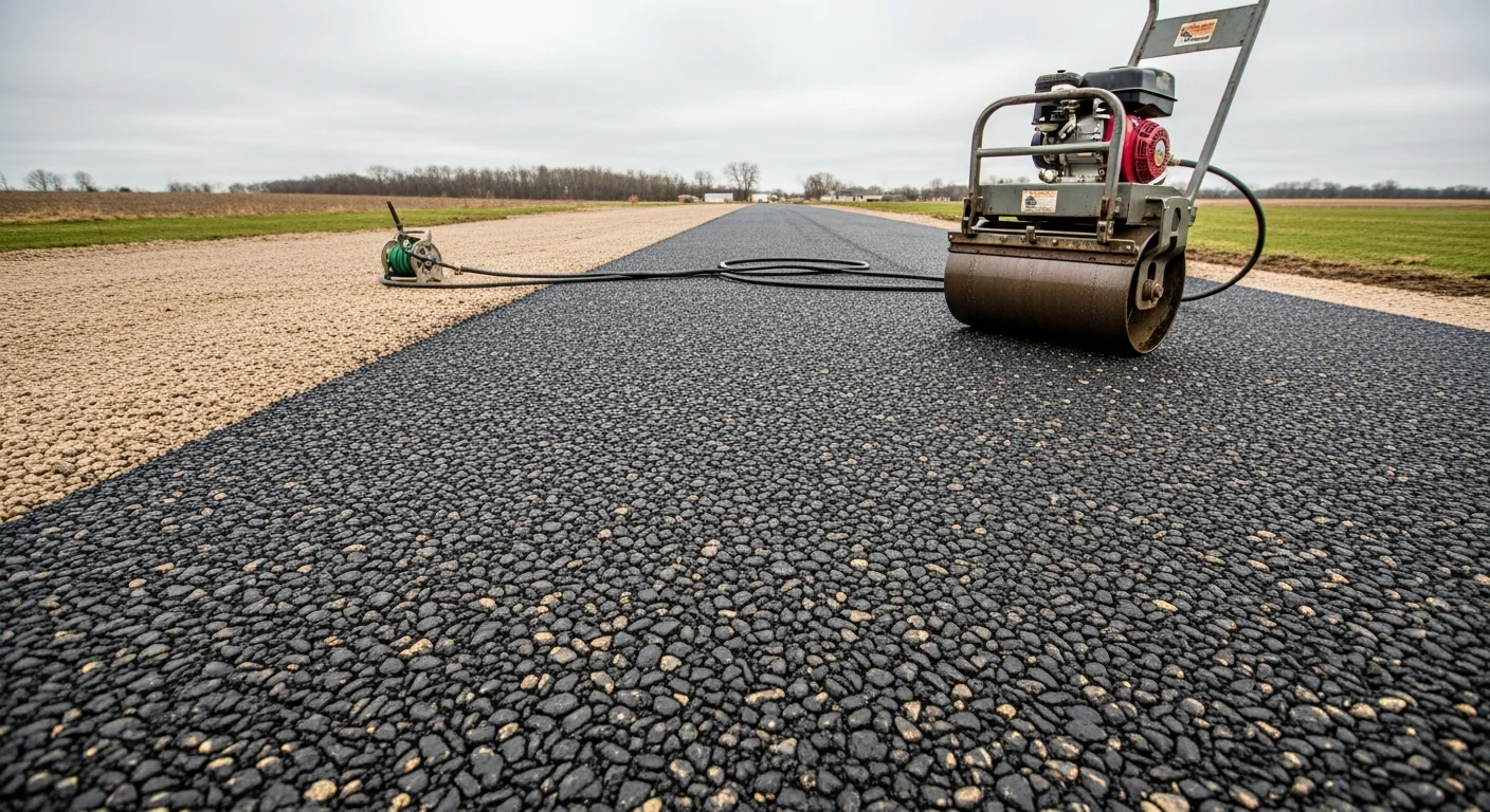 A freshly chip-sealed rural driveway in Logan's Port showing a textured crushed stone surface bonded to a dark asphalt binder. A residential property sits in the background with a long sealed drive extending from the road.