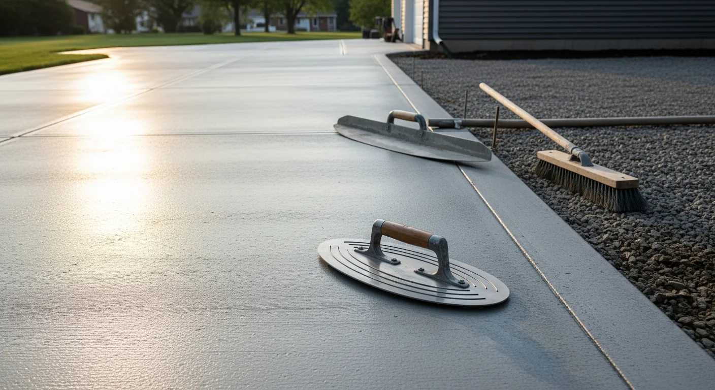 A freshly broom-finished concrete driveway at a residential property in Logan's Port, showing clean edges, uniform texture, and properly cut control joints. JR's Paving LLC concrete finishing work on a flatwork slab with smooth troweled surface and defined perimeter edging.