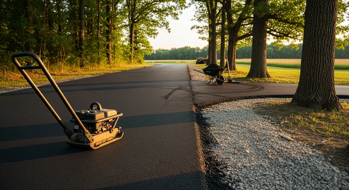 Freshly paved black asphalt driveway in front of a residential home in Logansport, Indiana. Smooth surface with clean edges and a slight slope for drainage away from the garage.