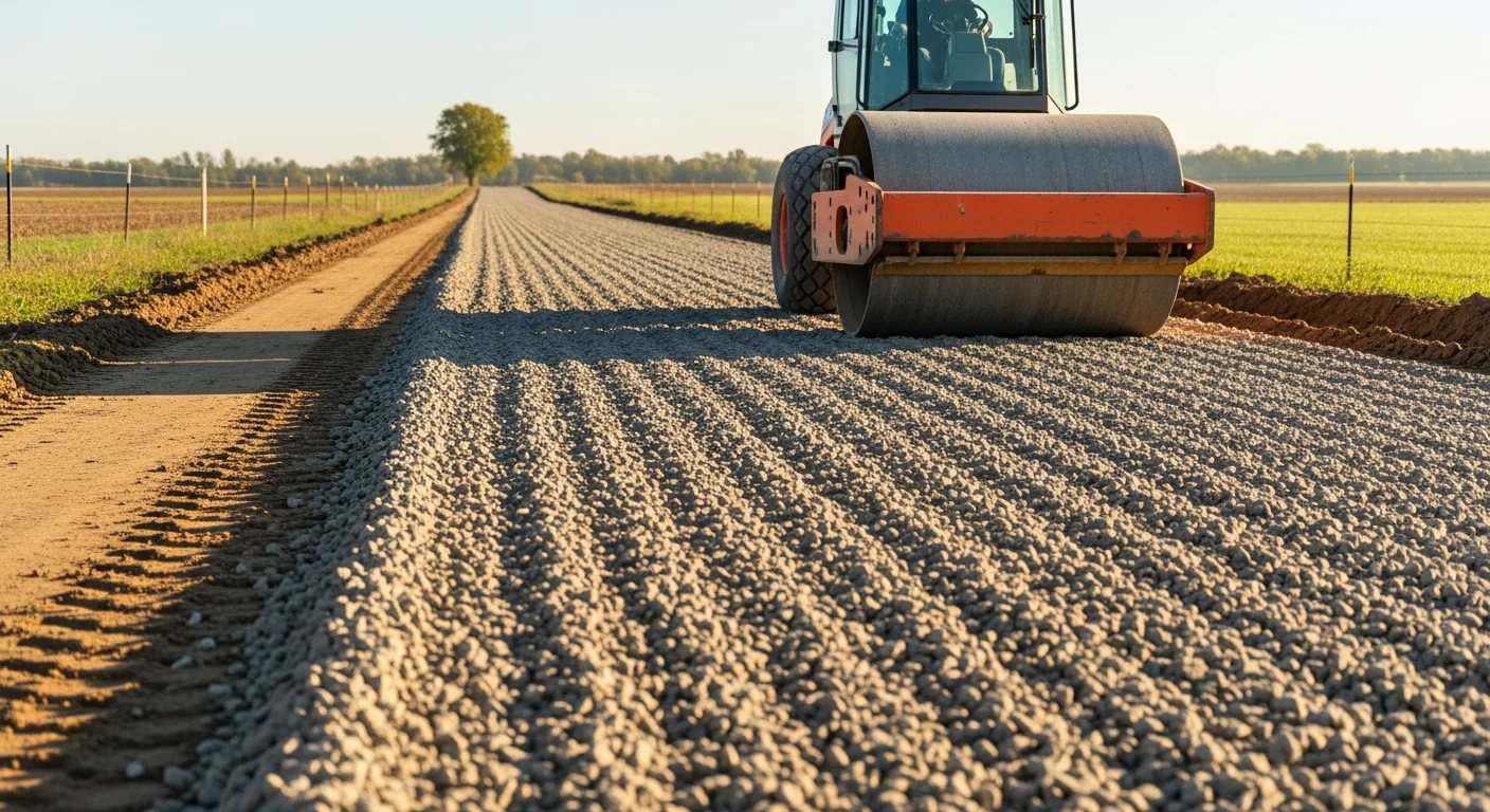 A freshly graded and paved farm lane at a rural agricultural property in Logan's Port, with a compacted stone surface wide enough for tractor and truck access. Flat farmland and an open field border both sides of the lane.
