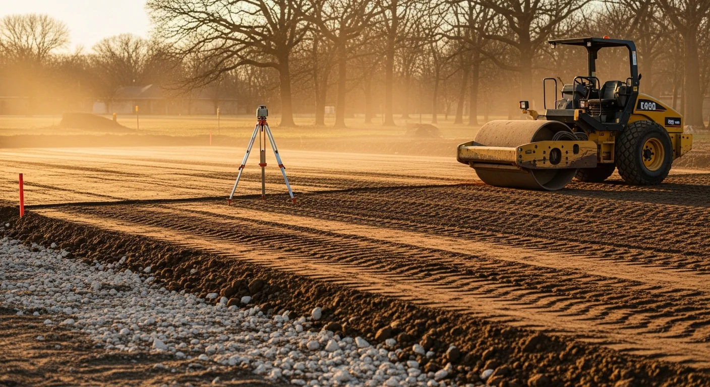 A graded and compacted dirt surface at a residential property in Logan's Port, cleared of debris and leveled in preparation for a concrete driveway pour. Heavy equipment tracks are visible across the smooth, even base.