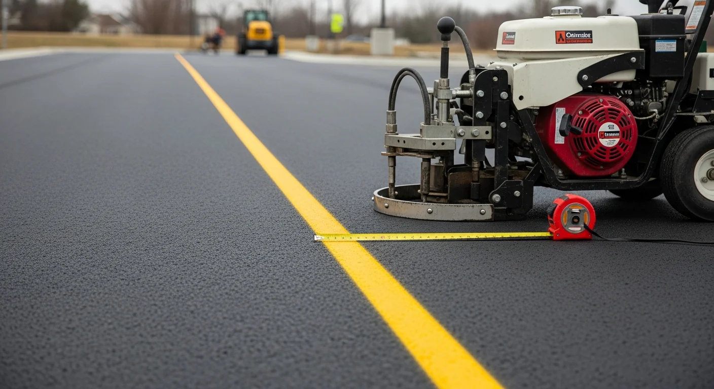 Freshly paved asphalt parking lot at a commercial property in Logan's Port with crisp white line striping and clearly marked ADA spaces. The smooth black surface shows no cracking or rutting, with clean lot edges and visible directional markings.