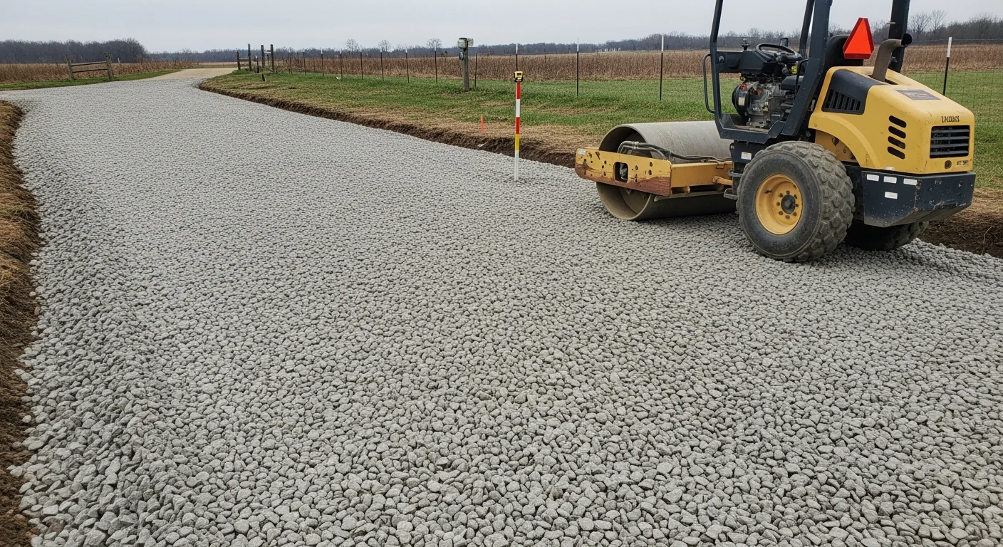 A freshly paved rural road running through an open property in Logan's Port, with clean asphalt surface, graded shoulders, and a drainage ditch visible along the roadside. A farm access gate and open field are visible in the background.