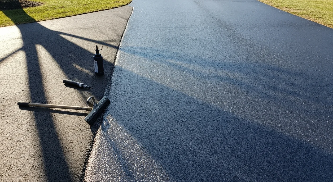 Freshly sealcoated asphalt driveway in Logan's Port showing a smooth, dark surface with clean edges along a residential property. A paving crew from JR's Paving LLC applies sealcoat evenly across the surface using professional application equipment.