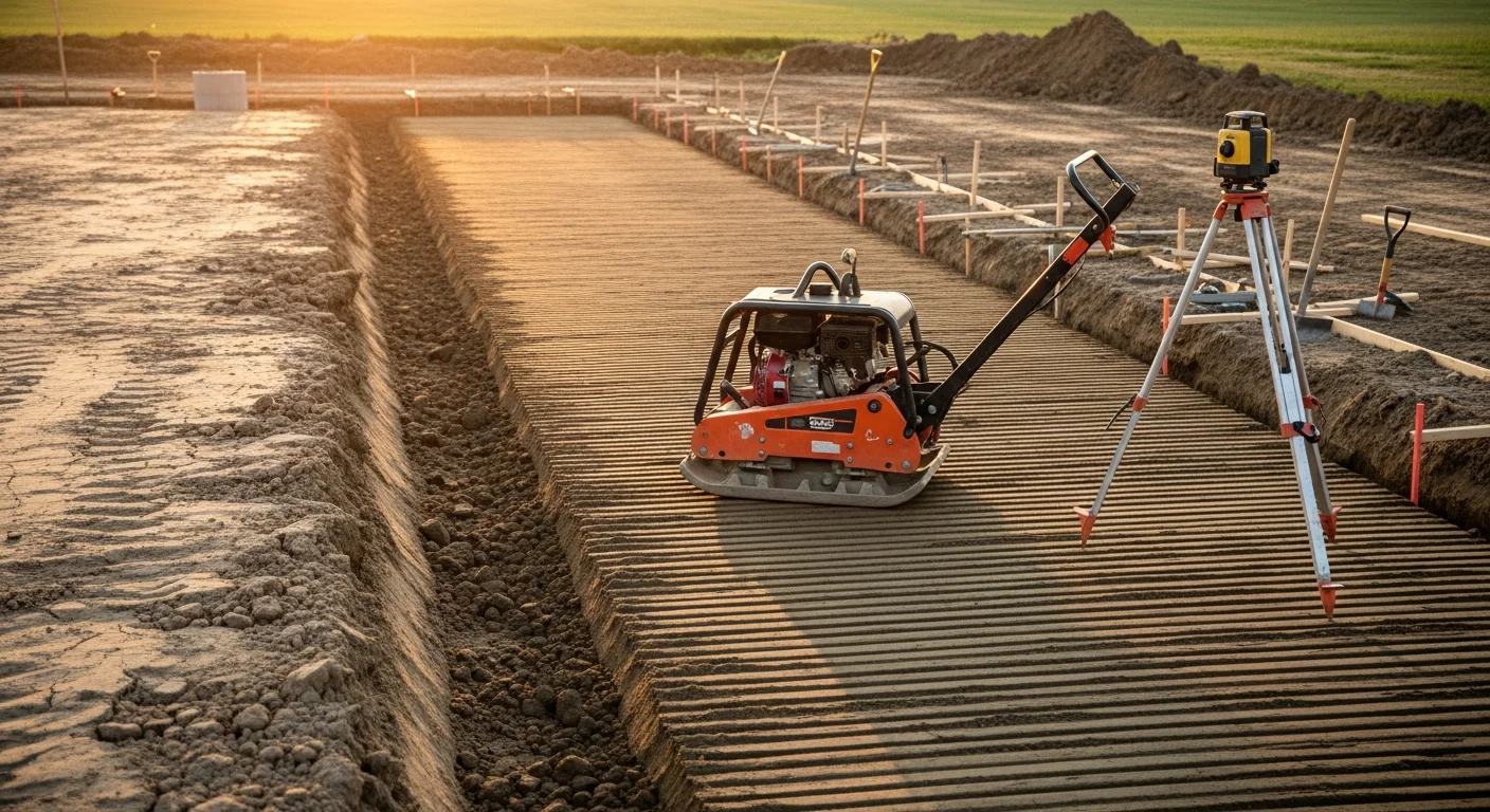 A concrete contractor operating a plate compactor on freshly graded soil at a residential site in Logan's Port, preparing the subgrade before a concrete slab is poured. The excavated area shows uniform, compacted earth ready for forming and concrete placement.