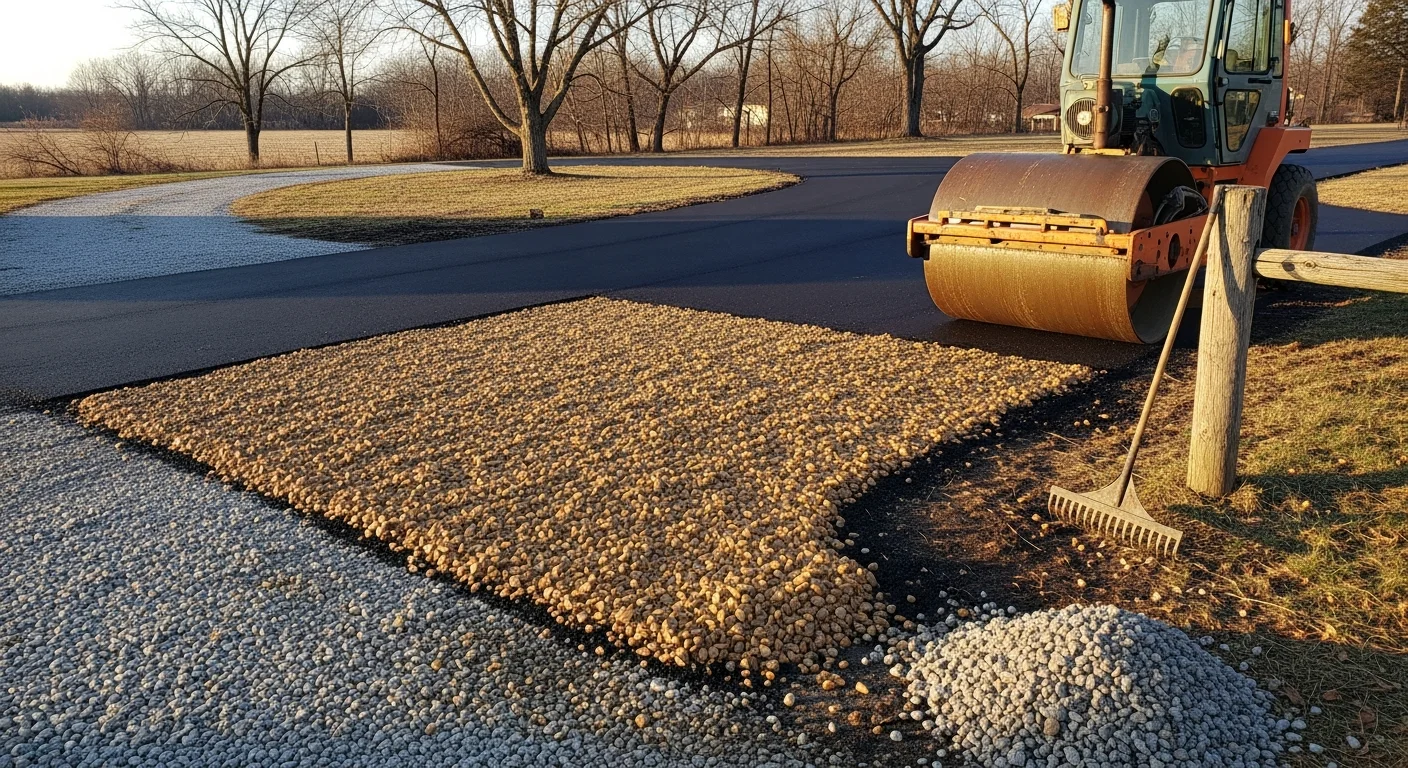 A freshly completed tar and chip driveway in Logan's Port with a textured stone surface leading toward a residential property. The embedded crushed stone chips create a uniform, rough-finish surface across the full width of the drive.