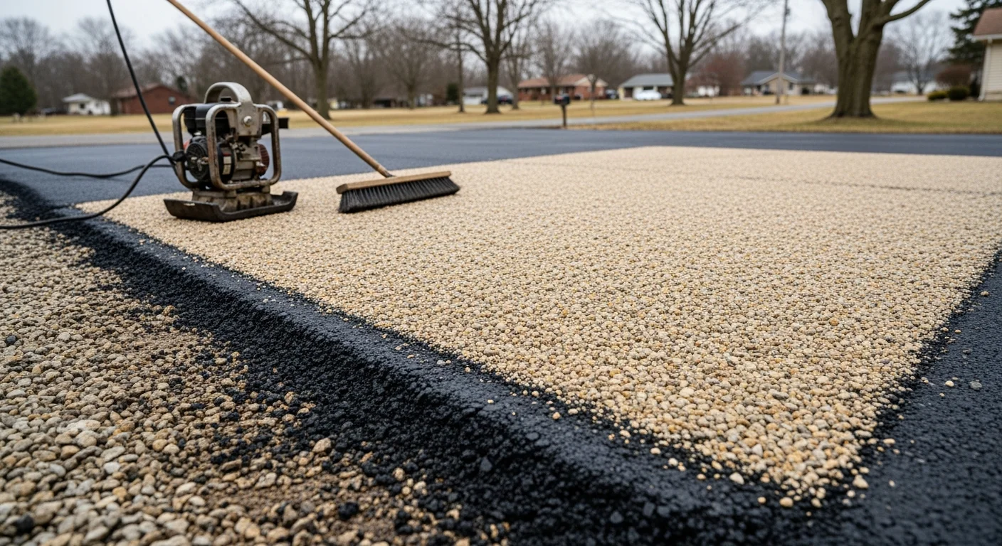 A tar and chip driveway in Logan's Port showing a freshly repaired section with compacted stone aggregate embedded in dark asphalt, blending into the existing textured surface. The repaired area runs along the edge of a residential property with a gravel shoulder visible to the side.